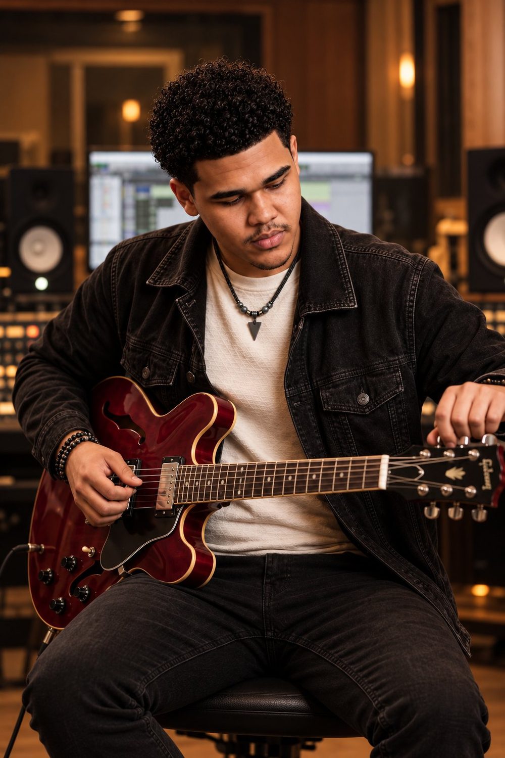 Bryce Tisdale tuning his guitar in the studio